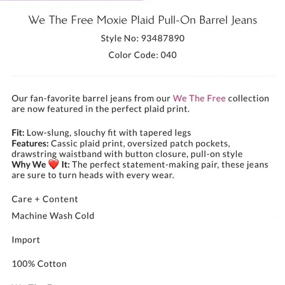 Free People WE THE FREE: Moxie Barrel Low Slung Pull On Jeans In Plaid …NWOT - Picture 5 of 10
